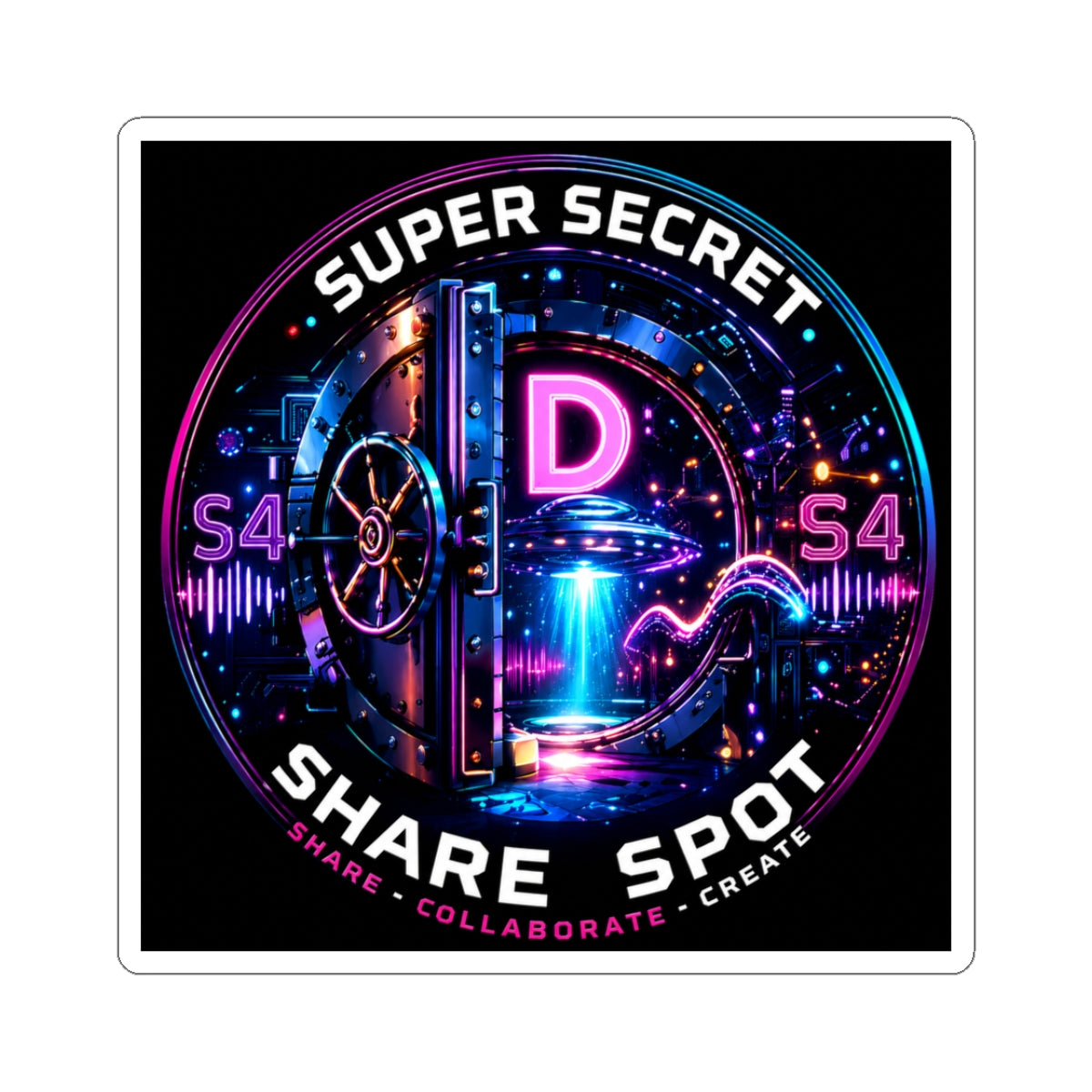 Super Secret Share Spot Sticker — Neon Vault D Logo