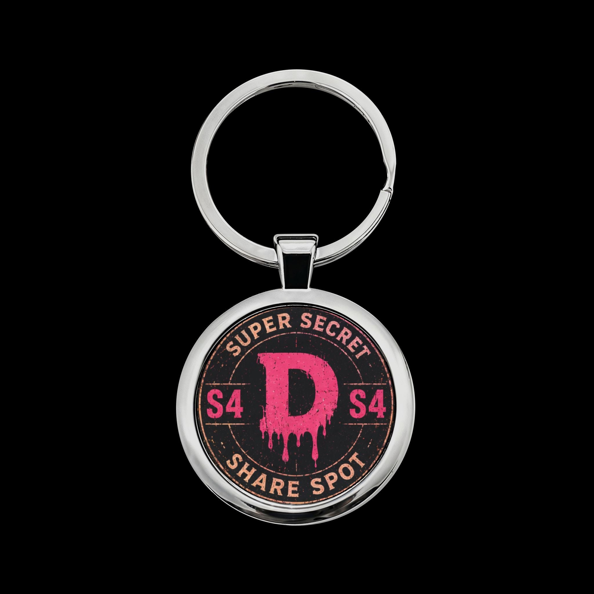 "Super Secret Share Spot" Pink D Emblem Round Stainless Steel Keychain