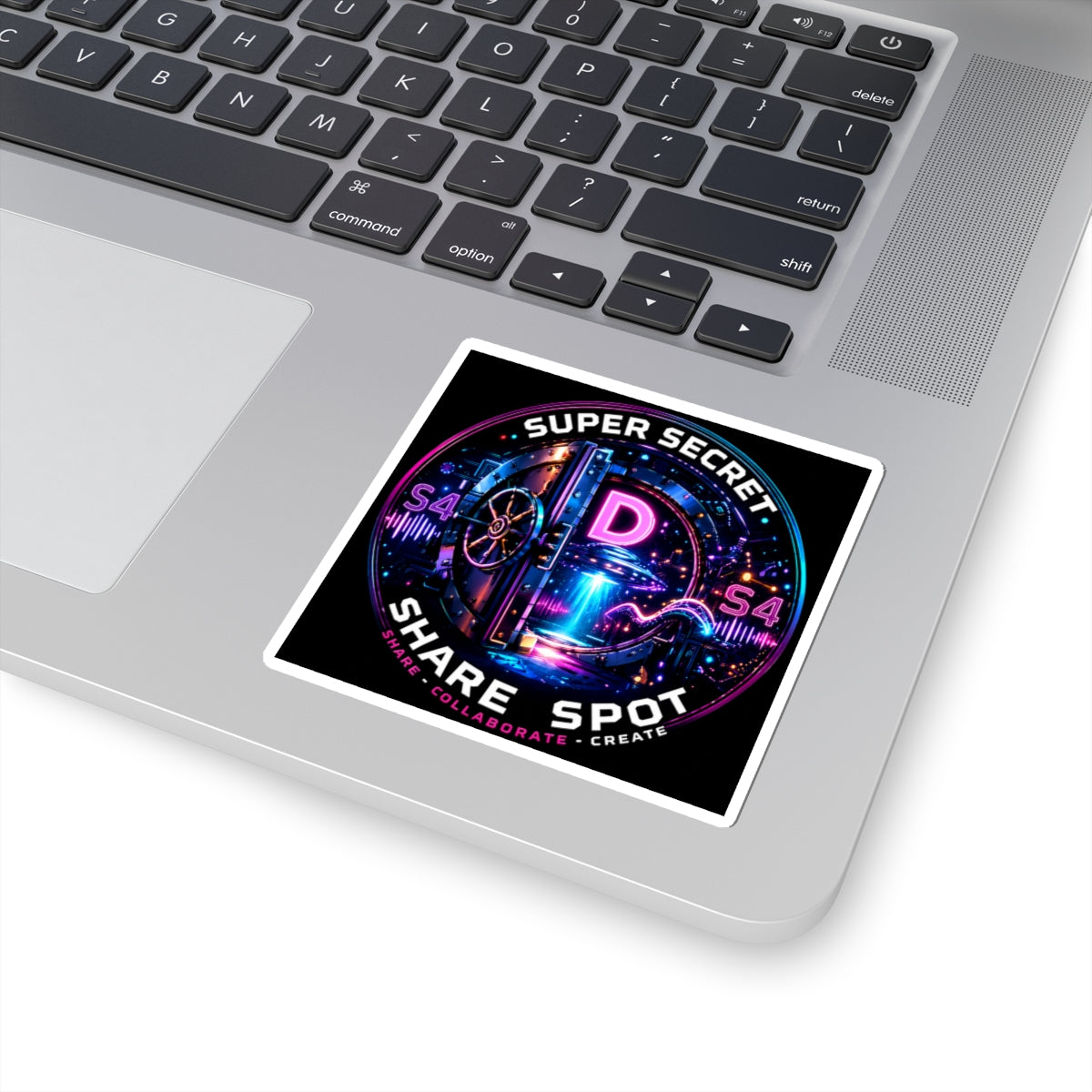 Super Secret Share Spot Sticker — Neon Vault D Logo